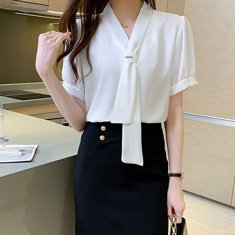 Women Shirts Blouses Short Sleeve Shirts Top Chic Office Lady Chiffon Blouse Tops - WSB8558