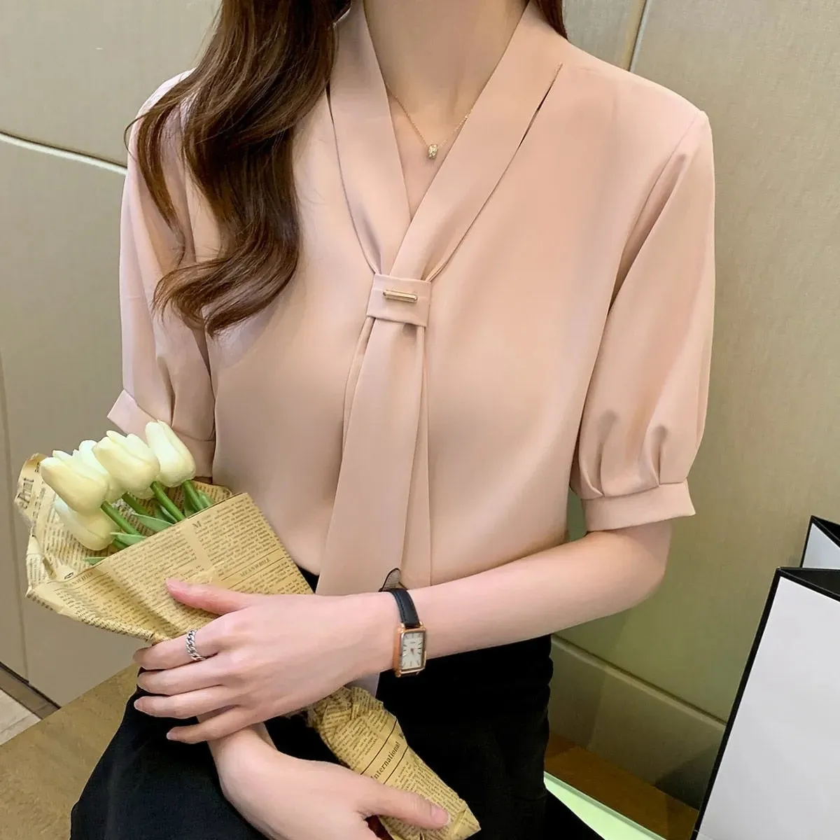 Women Shirts Blouses Short Sleeve Shirts Top Chic Office Lady Chiffon Blouse Tops - WSB8558