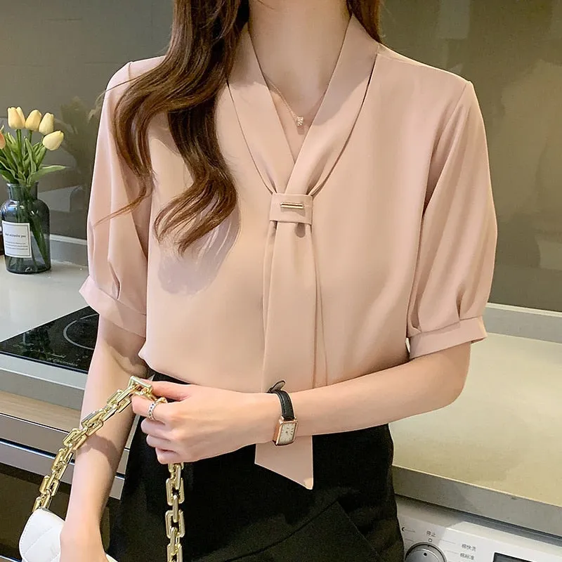 Women Shirts Blouses Short Sleeve Shirts Top Chic Office Lady Chiffon Blouse Tops - WSB8558