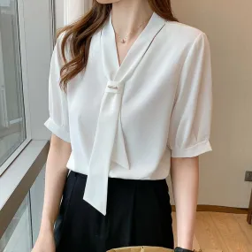 Women Shirts Blouses Short Sleeve Shirts Top Chic Office Lady Chiffon Blouse Tops - WSB8558