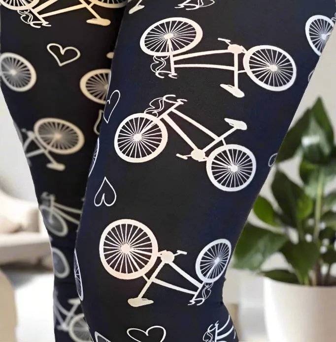 Womens Bike Printed Leggings, Soft Yoga Pants, Sizes 0-18, No-Roll Waist, Black/White