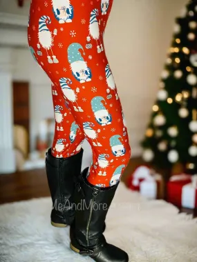 Womens Christmas Jolly Gnome Leggings, Soft Yoga Pants, Sizes OS/TC, Yoga Waist, Red, Exclusive Leggings