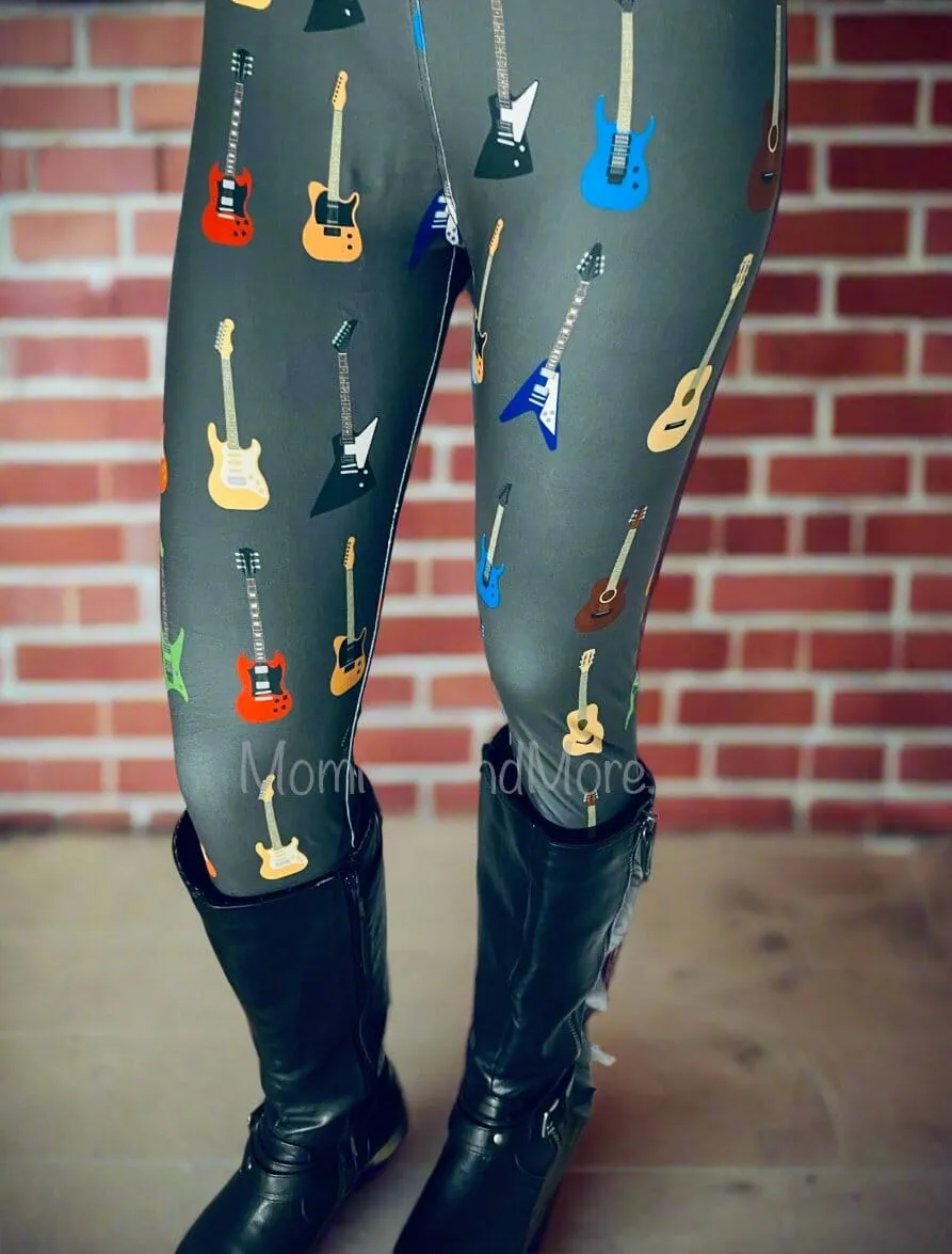 Womens Guitar Leggings, Acoustic Electric Guitar Leggings, Soft Yoga Pants, Sizes OS/TC/TC2, Yoga Waist, Gray/Multi, Exclusive Leggings