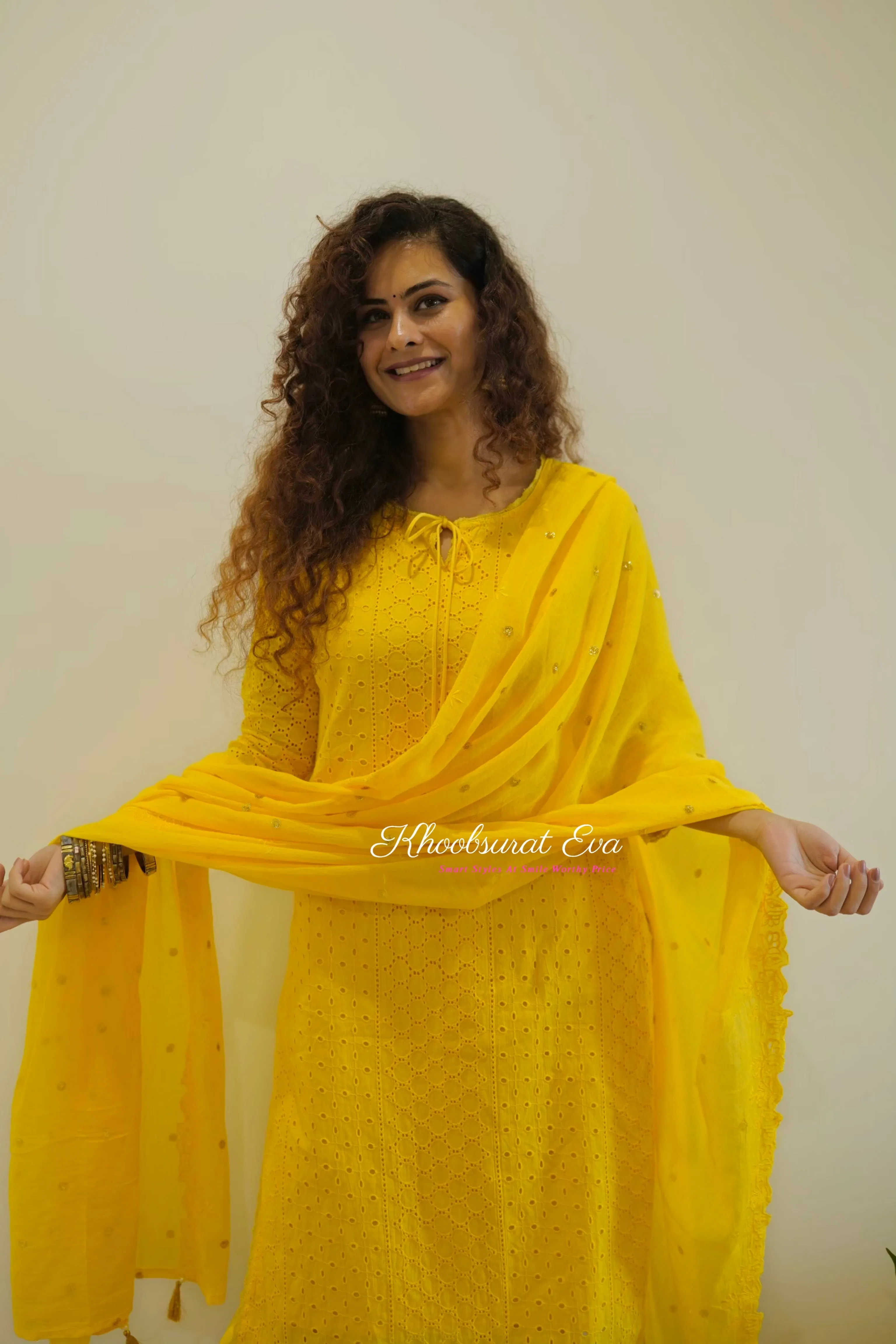 Yellow schiffli Cotton Kurta Suit Set