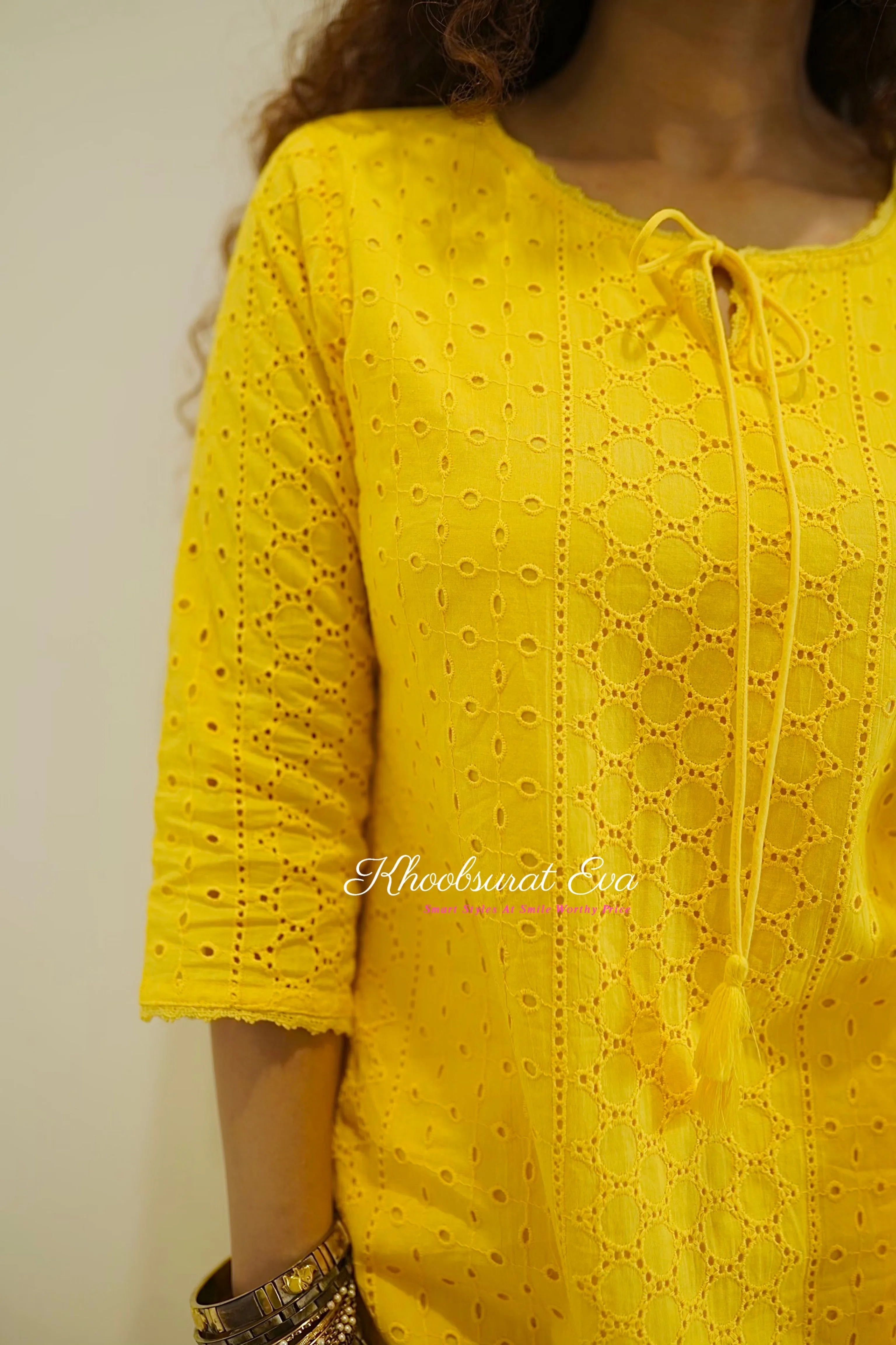 Yellow schiffli Cotton Kurta Suit Set