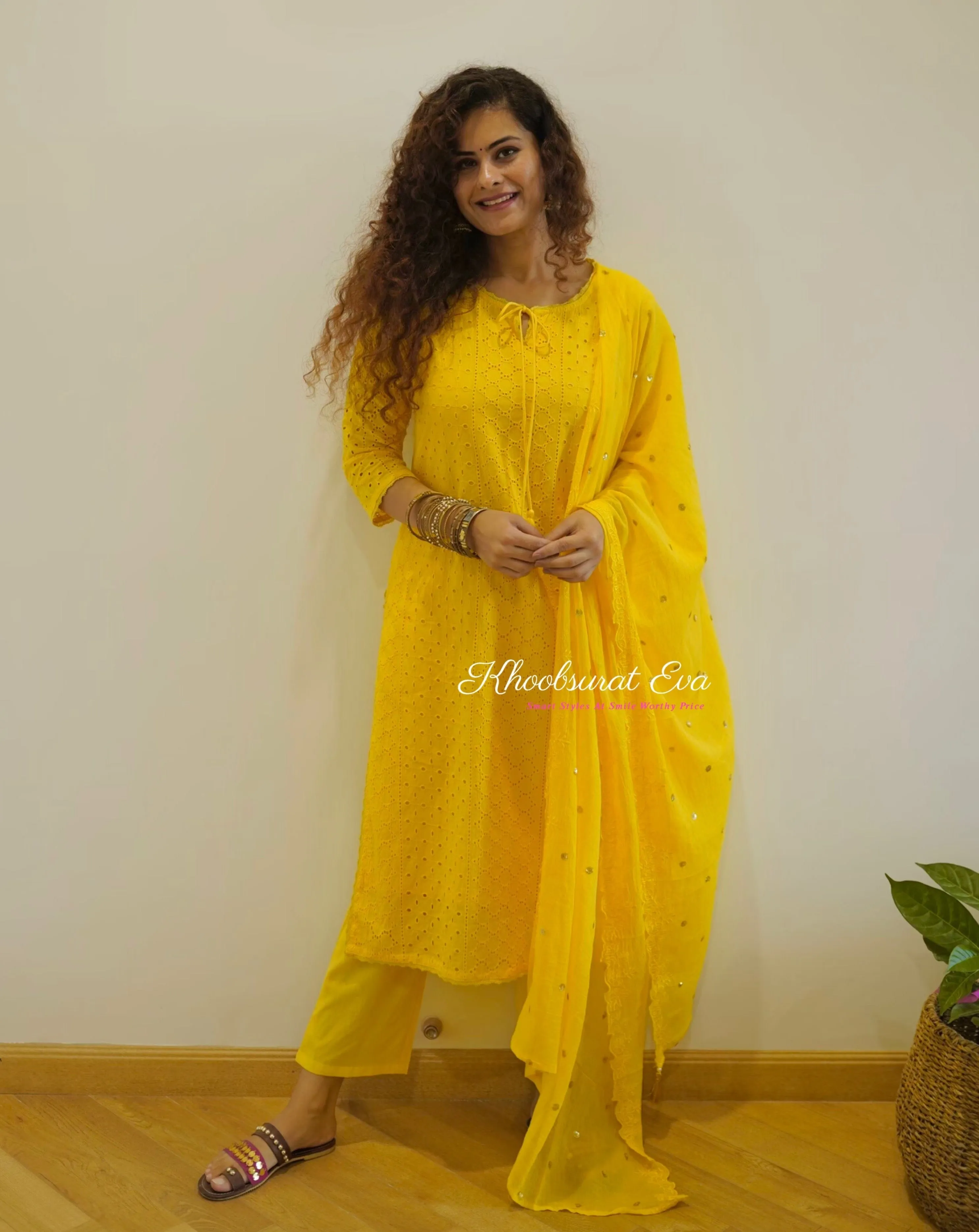 Yellow schiffli Cotton Kurta Suit Set