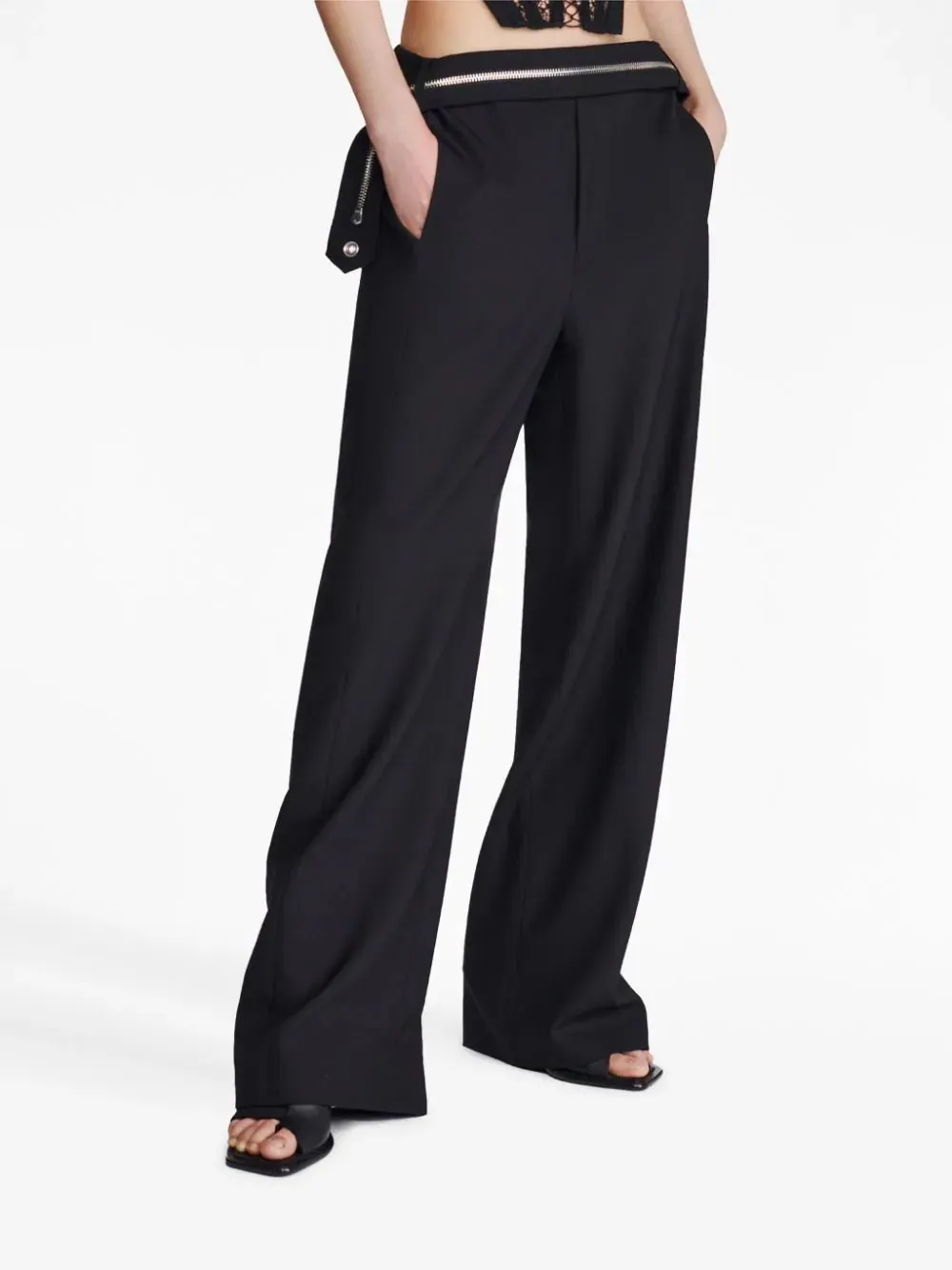 zipped wool straight-leg trousers